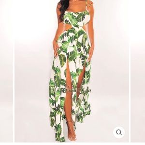NWT! White/green palm print smocked cut out double slit dress